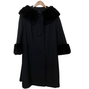 Vintage WARD'S Of Lewiston 1950's Wool Fur Collar & Cuffs Long Black Coat M-L